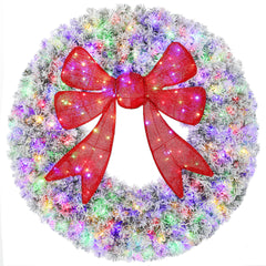 HOMCOM 48in Flocked Pre-Lit Christmas Wreath with 3D Red Bow, 11 Lighting Modes, Front Door Christmas Wreath with Remote