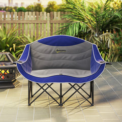 Outsunny Padded Folding Camp Chair for Adults, Double Camping Chair with Armrests, Cup Holders, Carry Bag for Outdoor, Blue