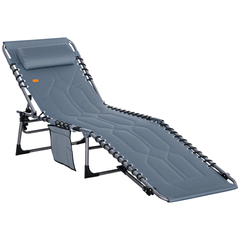 Outsunny Padded Folding Chaise Lounge Chair, Outdoor 6-Level Reclining Camping Tanning Chair with Headrest for Beach, Yard, Patio, Pool, Gray