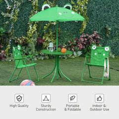 Outsunny Kids Table and Chair Set, Outdoor Folding Garden Furniture, Picnic Table for Patio Backyard, with Removable & Height Adjustable Sun Umbrella, Green Frog
