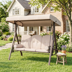 Outsunny 3-Seat Patio Swing Chair, Outdoor Porch Swing Glider with Adjustable Canopy, Removable Cushion, Pillows and Side Trays, for Garden, Poolside, Backyard, Beige