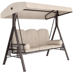 Outsunny 3-Seat Patio Swing Chair, Outdoor Porch Swing Glider with Adjustable Canopy, Removable Cushion, Pillows and Side Trays, for Garden, Poolside, Backyard, Beige