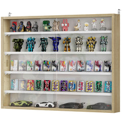 HOMCOM 5-Tier Display Cabinet, Wall-Mounted Display Case with 2 Glass Doors and Adjustable Shelves, Oak and White