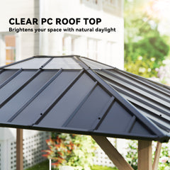 Outsunny 10' x 12' Hardtop Gazebo with Galvanized Steel Roof, UPF50+ Wood Permanent Pavilion with Clear Roof Top, Light Walnut