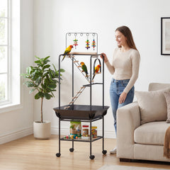 PawHut 64"H Rolling Bird Playground Parrot Stand with Seed Guard & Wheels, Ladders, Swing, Toy Hook & Bowls