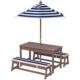 Qaba Outdoor Wooden Kids Picnic Table & Bench Set with Cushions and Umbrella, for Patio, Garden, Navy Blue