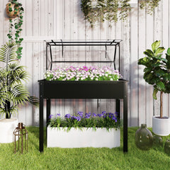 Outsunny Elevated Garden Box with Greenhouse Cover, Raised Garden Bed with Legs and Drainage Hole for Vegetables, Black