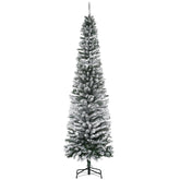HOMOM 7.5ft Flocked Christmas Tree, Pencil Artificial Xmas Tree with Faux Snow, Dense Branches, Foldable Metal Base for Indoor Holiday Decor