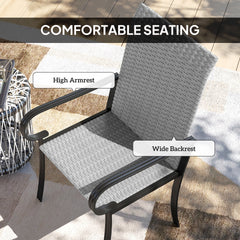 Outsunny Set of 2 Outdoor Wicker Dining Chairs with Armrest, Steel Frame, High Back and Deep Seating, Gray