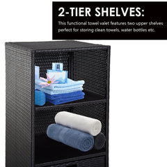 Outsunny Poolside Towel Cabinet, Rattan Wicker with Storage,2-Tier Shelves and Bottom Drawer, for Pool, Patio Backyard, 47", Dark Brown