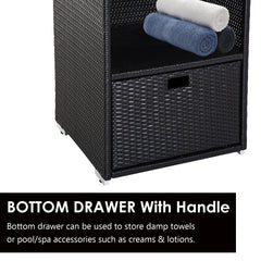 Outsunny Poolside Towel Cabinet, Rattan Wicker with Storage,2-Tier Shelves and Bottom Drawer, for Pool, Patio Backyard, 47", Dark Brown