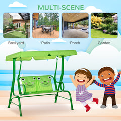 Outsunny Kids Patio Swing, Adjustable Canopy Swing Glider, Kids Outdoor Swing Chair with 2 Seats, Seat-Belted Safety, Green