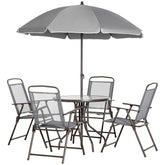 Outsunny 6 Piece Patio Dining Set for 4 with Umbrella, with 4 Folding Dining Chairs & Round Glass Table for Garden, Gray