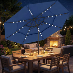 Outsunny 9.7 ft Outdoor Patio Umbrella with Solar LED Lights, 3 Tier Outdoor Table Umbrella with Tilt, Crank, Navy Blue