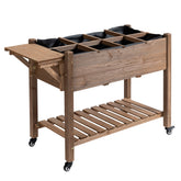 Outsunny Wooden Garden Box, 34.25H with 8 Pockets and Lockable Wheels, Foldable Side Clapboard, Elevated and Self-Draining Design, to Grow Herbs, Vegetables, and Flowers, Brown