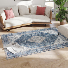 HOMCOM 4x6 Area Rug, Vintage Washable Rug, Non-Slip Floor Carpet for Living Room, Bedroom, Dining Room, Blue
