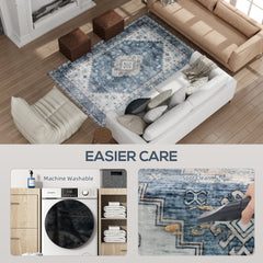 HOMCOM 4x6 Area Rug, Vintage Washable Rug, Non-Slip Floor Carpet for Living Room, Bedroom, Dining Room, Blue
