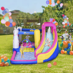 Outsunny Inflatable Water Slide Bounce House with Trampoline, Climbing Wall, Water Cannon, Basketball Hoop, Splash Pool, 450W Blower, Unicorn Themed Bouncy House for Kids 3-8 Years Old