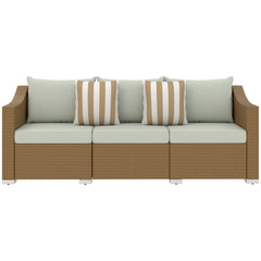 Outsunny Rattan Wicker 3 Seater Patio Couch with Cushions, 2 Throw Pillows, Outdoor Furniture Rattan Sofa, Light Gray