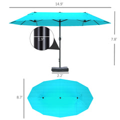 Outsunny Patio Umbrella, 15' Steel Rectangular Outdoor Double Sided Market Umbrella with Base, Sun Protection & Easy Crank, Blue