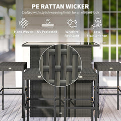 Outsunny 5 Piece Rattan Wicker Bar Set, High Top Outdoor Table and Chairs, Bar Height Patio Set, 2 Shelves & 4 Bar Stools, Gray