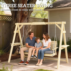 Outsunny 3 Seat Wooden Porch Swing with Stand, Patio Swing with Cushion, for Garden, Poolside, Backyard, Natural Wood