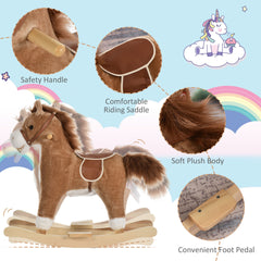 Qaba Rocking Horse Plush Animal on Wooden Rockers, Baby Rocking Chair with Sounds, Moving Mouth, Wagging Tail, Brown
