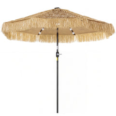 Outsunny 9 ft Hula Thatched Tiki Patio Umbrella with LED Solar Light, Outdoor Umbrella with Crank, Tilt, UPF30+, Khaki