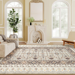 HOMCOM Machine Washable Area Rug 4x6, Non-Slip Boho Flannel Print Floor Carpet for Living Room, Bedroom, Dining Room, Brown