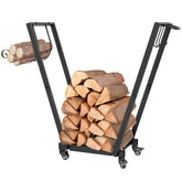 Outsunny Firewood Rack with Wheels, Metal Log Holder with Kindling and Tool Hooks, Indoor/Outdoor, 31.1" x 11.8" x 31.9", Black