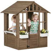 Outsunny Kids Wooden Playhouse, Outdoor Garden Games Cottage with Flowers Pot Holder, Working Door, Windows, Brown