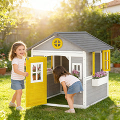 Outsunny Wooden Playhouse for Kids Outdoor with Doors, Windows, Planter Pots and Boxes for Toddlers 3-8 Years, Gray