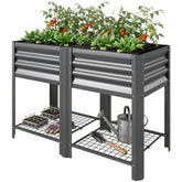 Outsunny Raised Garden Bed Galvanized Steel, Elevated Planter Box with Storage Shelf, Bed Liner, 31.5" High, Dark Gray