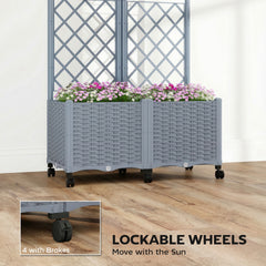 Outsunny Planter Box with Trellis, Self Watering Raised Garden Bed with Lockable Wheels and Drainage Holes, Gray