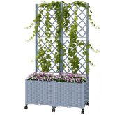 Outsunny Planter Box with Trellis, Self Watering Raised Garden Bed with Lockable Wheels and Drainage Holes, Gray