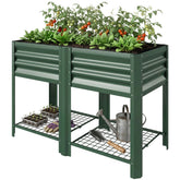 Outsunny Raised Garden Bed Galvanized Steel, Elevated Planter Box with Storage Shelf, Bed Liner, 31.5" High, Green