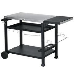 Outsunny 3-Shelf Outdoor Grill Cart Table with Foldable Side Table, Stainless Steel Pizza Oven Stand on Wheels, Black