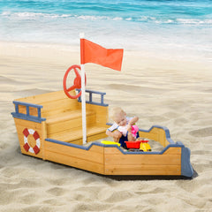 Outsunny Kids Wooden Sandbox Pirate Ship Sandboat w/ Bench Seat Storage Space Ceder Wood