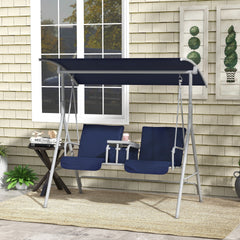 Outsunny 2-Seater Outdoor Porch Swing with Canopy and Table, Patio Swing Chair for Garden, Poolside, Backyard, Dark Blue