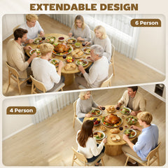 HOMCOM Extendable Dining Table for 6, 60" Farmhouse Kitchen Table with 2-Tier Storage Shelf and Fluted Sliding Doors, Natural