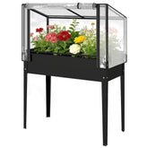 Outsunny Raised Garden Bed with Flip-Up Greenhouse Cover, Metal Elevated Garden Bed with Legs and Drainage Hole, Black