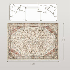 HOMCOM Area Rug 4x6, Machine Washable Rug, Non-Slip Classical Floral Print Floor Carpet for Living Room, Bedroom, Mixed-Brown