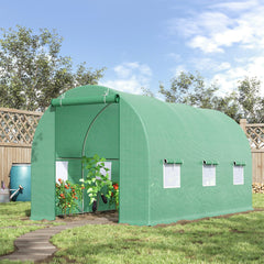 Outsunny 15' x 7' x 7' Walk-in Tunnel Hoop Greenhouse, Green House for Outside with PE Cover, Steel Frame, Roll-Up Zipper Door & Windows for Flowers, Vegetables, Tropical Plants, Green