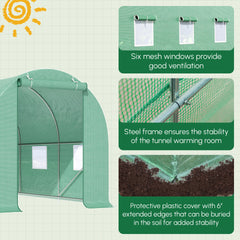 Outsunny 15' x 7' x 7' Walk-in Tunnel Hoop Greenhouse, Green House for Outside with PE Cover, Steel Frame, Roll-Up Zipper Door & Windows for Flowers, Vegetables, Tropical Plants, Green