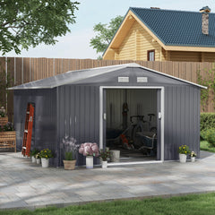 Outsunny 11' x 13' Garden Metal Shed, Storage Shed Utility Storage with Double Locking Doors for Bike, Yard Tools, Dark Gray