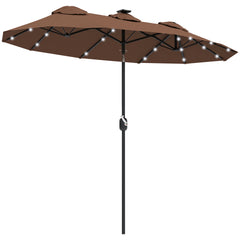 Outsunny Double-sided Patio Umbrella, 9.7 ft. Outdoor Umbrella with 45-Degree Tilt and Crank, LED Solar Light and 12 Ribs, Coffee