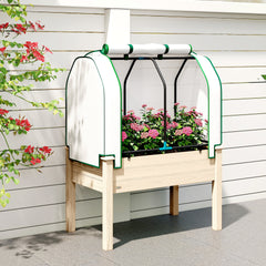 Outsunny Raised Garden Bed with PE Greenhouse Cover Outdoor Planter Box for Herbs and Vegetables, 35 x 22 x 47 inch, Natural