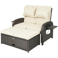 Outsunny Patio Rattan Daybed, Wicker Outdoor Daybed with Storage Ottoman, Loveseat w/ Adjustable Backrest, Beige
