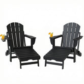 Outsunny Folding Adirondack Chair Set of 2, HDPE Fire Pit Chair with Retractable Ottoman and Cup Holder, Black