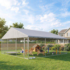 PawHut Heavy Duty Outdoor Dog Kennel with Waterproof Roof, 2 Secure Latches, Chain Link Dog Run for Backyard, 20' x 15' x 8'